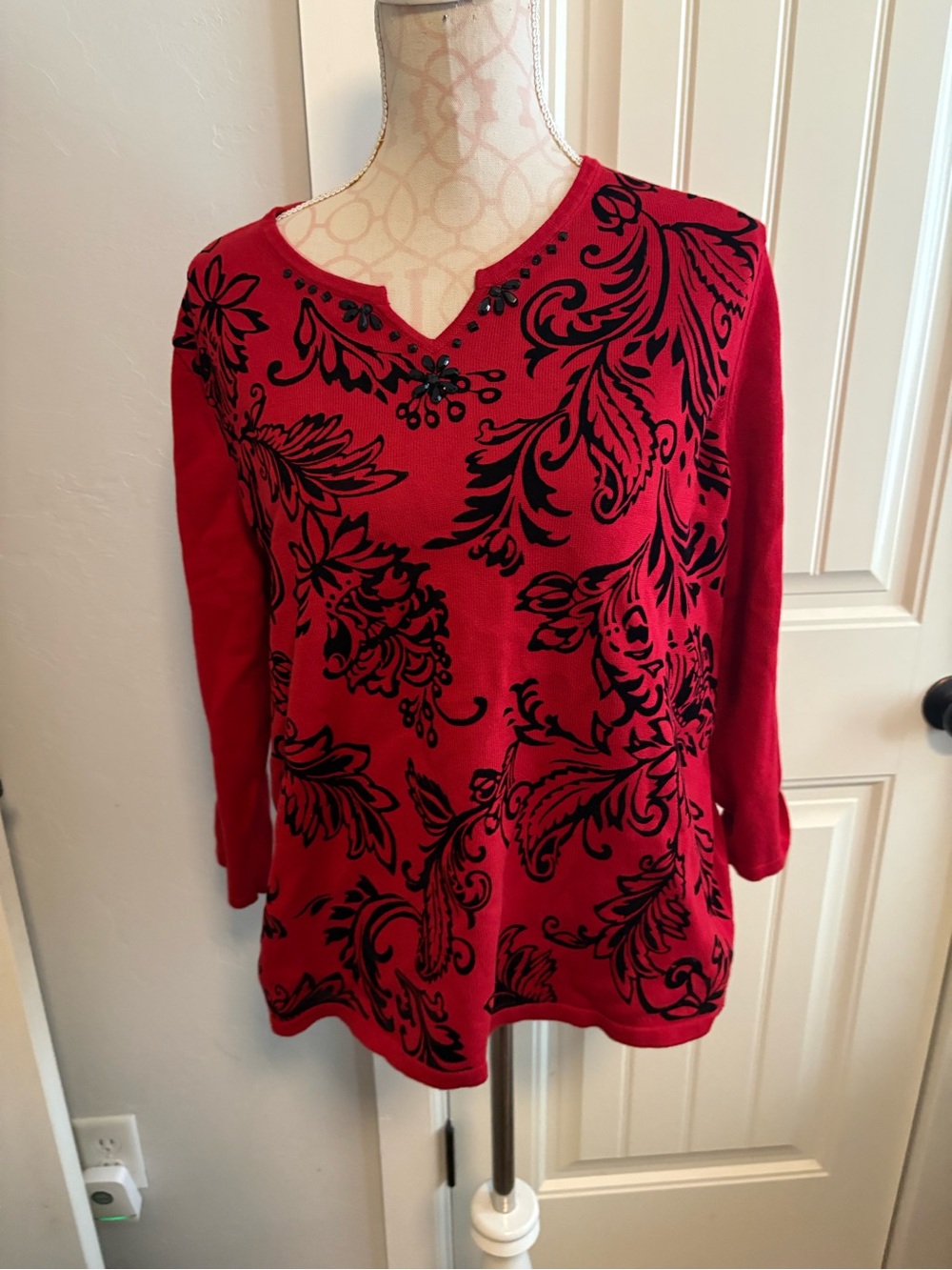 Alfred Dunner Red Knit Top with Black Floral Scroll